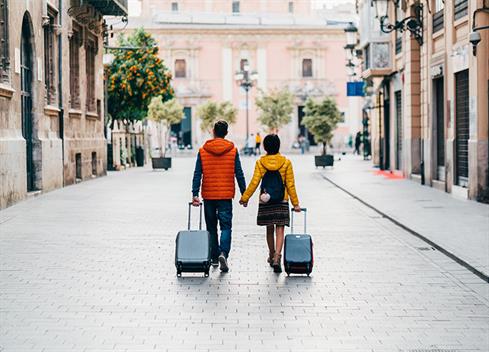 Couple with suitcases walking down street