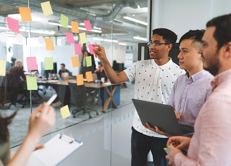 team discussing at a workboard