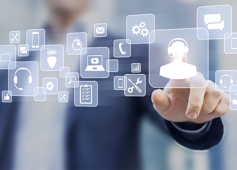 technical support concept, business person touching helpdesk icon on screen